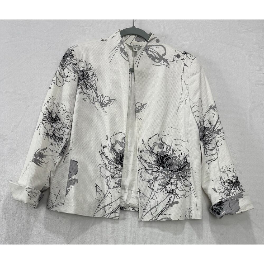 Austin Reed Black, White & Gray Flower Print Blazer Open Front Textured Size 14